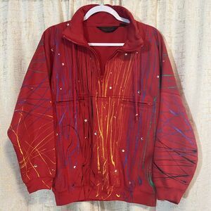 Vintage Eddie Bauer Red Pullover 1/4 Zip Paint & Stud Detailing Women's Sz Small